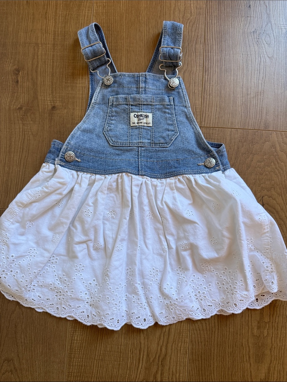 OshKosh B'gosh Blue Denim Bib Dress with White Eyelet Skirt